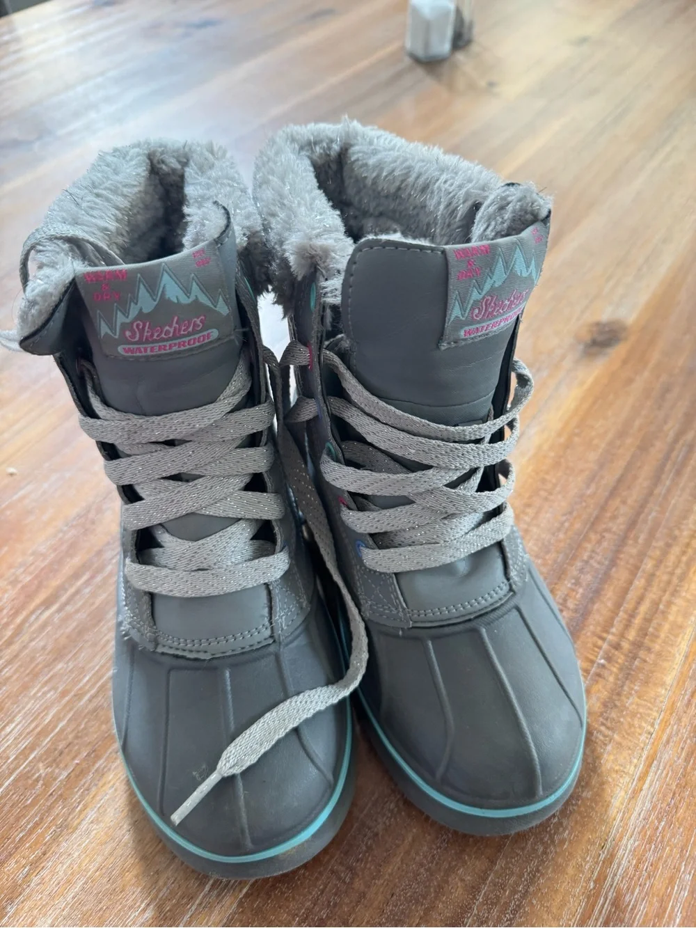 Skechers Kids Gray Waterproof Fur-Lined Lace-Up Winter Boots with Teal Trim